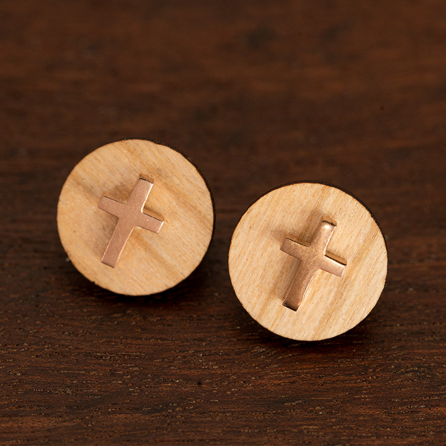 Kreuz Ohrstecker Epoxidschmuck mit Naturholz