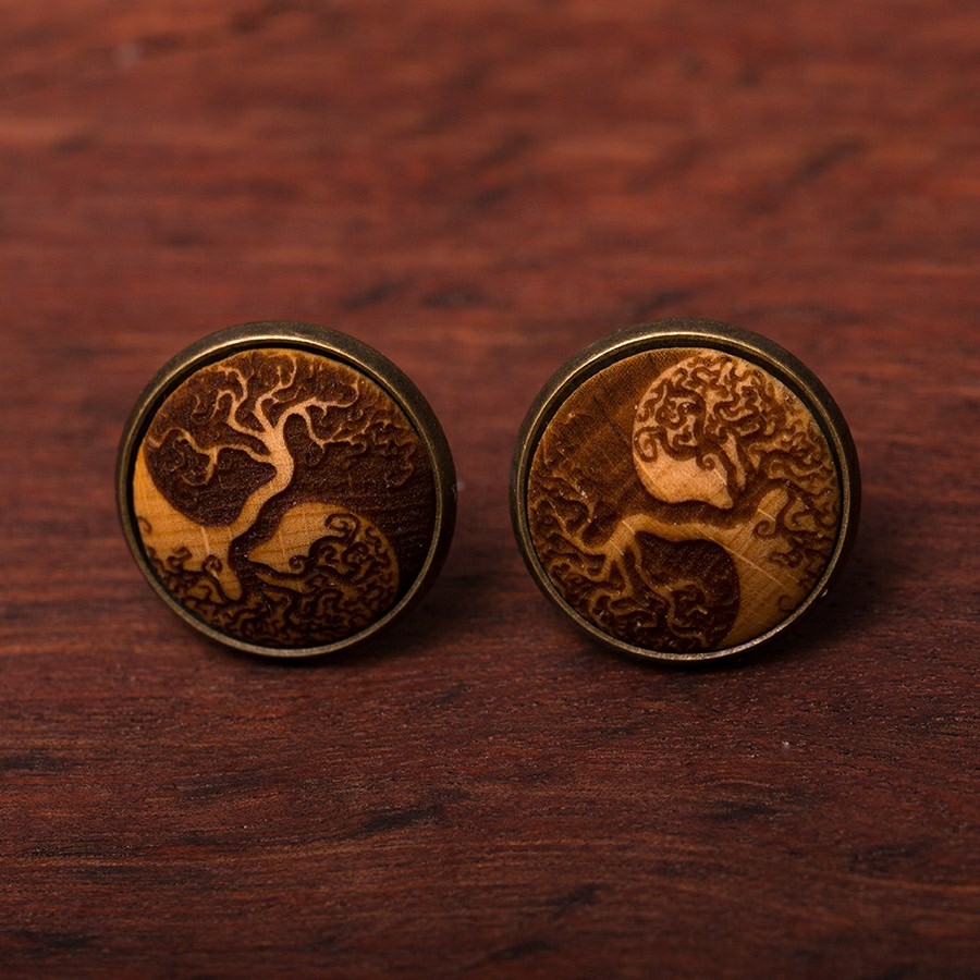Baum des Lebens Yin Yang Ohrstecker Epoxidschmuck mit Naturholz